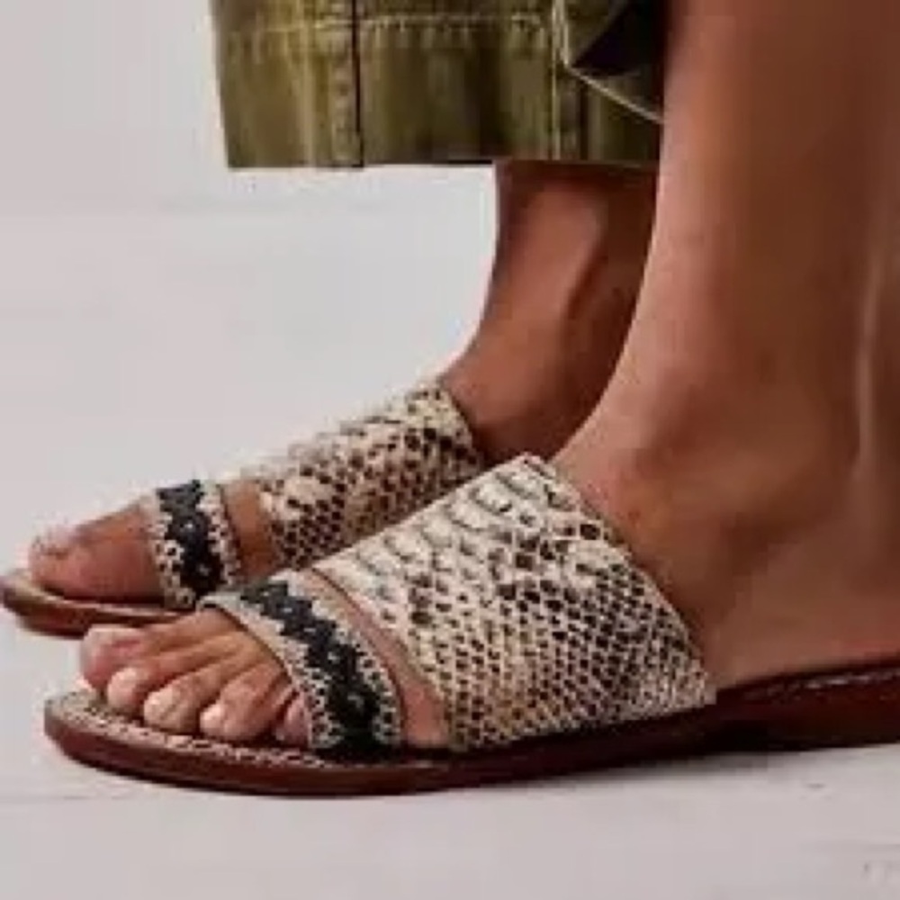 Free People Snake Print Slide Sandals in Beige and Black